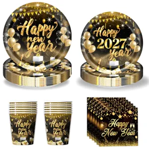 Schwarzes und goldenes Neujahr Party Pappteller Becher Servietten Set für 2027 Dekoration.