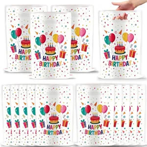 Birthday party plastic gift bags with cute cake and balloon print for celebration packing.