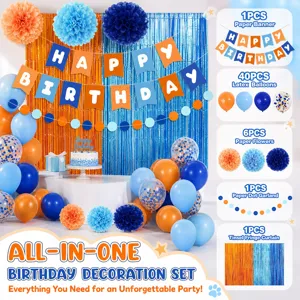 Cartoon Dog Blue Orange Theme Birthday Party Decoration Set Happy Birthday Paper Banner Tassel Curtain Latex Balloons Paper Flower Balls Venue Decor