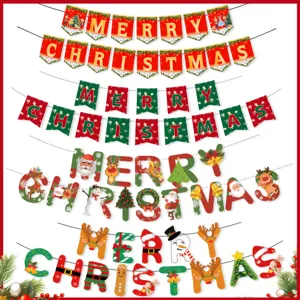 Merry Christmas Papieren Brief Banner Feestelijke Cartoon Kerstman Sneeuwpop Rendier Patroon Hangende Slingers Feest