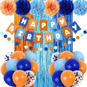 Blue and Orange Birthday Party Decorations Set with Banner Balloons and Fringe Curtain