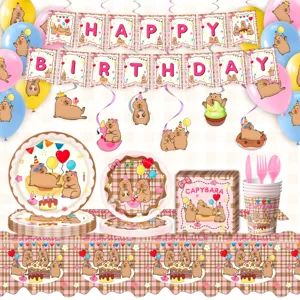Capybara Theme Birthday Party Supplies Pink Plaid Party Decorations Tableware Collection Banner Plates Cups Napkins For Kids Birthday