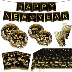 2027 Neujahr Party Dekoration Set schwarz gold Banner Pappteller Becher und Tischdecke