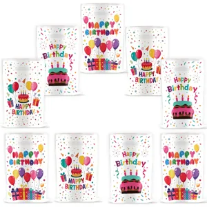 Birthday party plastic gift bags with colorful balloons cake and confetti prints handle bags.