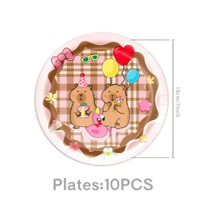 Detailed view of pink plaid capybara theme disposable paper plate, 18cm party tableware.