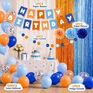 Birthday party decoration set blue and orange balloons paper flowers banner garland fringe curtain
