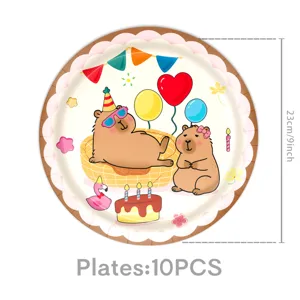 Cute pink plaid capybara birthday party paper plates disposable tableware 10pcs 23cm set