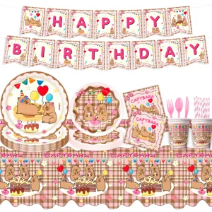 Detailed view of the pink plaid capybara birthday party tableware set with cute cartoon animals.