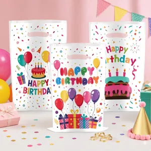 Birthday party plastic gift bags with cute balloon cake prints, ideal for celebrations.