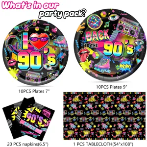 set de vajilla de fiesta retro de los 90 con platos servilletas mantel cumpleaños