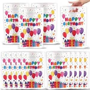 Birthday party plastic gift bags with colorful balloon prints, convenient tote design.
