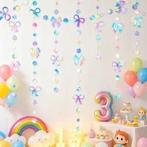 Holografische Schleife und Kreis Papiergirlande Szene Detail für Geburtstag Party Hintergrund.