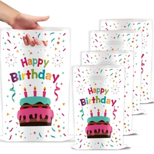 Birthday party plastic goodie bags with cute cake and colorful confetti prints for gifts.