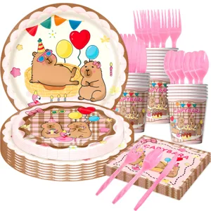 Pink Plaid Capybara Birthday Party Tableware Set Paper Plates Cups Napkins Detail View