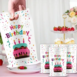 Birthday party plastic gift bags with colorful cake and confetti prints for celebration events.