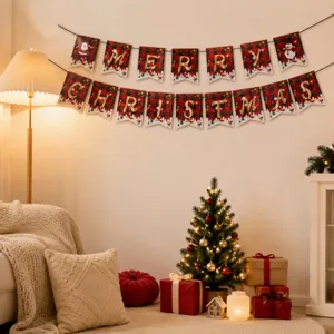Kerstfeest hangende bannerdecoratie, rood ruitdesign voor feestelijke sfeer in huis.
