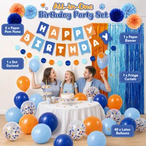 Blue and orange birthday party decoration set featuring latex balloons and paper pom poms.