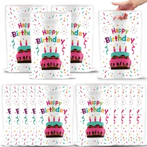 Birthday party plastic gift bags with cake print handle good for party favors and candy packaging.