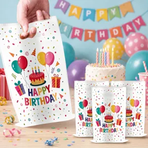 Birthday party theme balloon confetti printed plastic gift bag detail view for party favor.