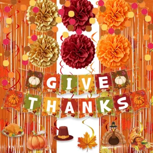 Set diakosmisis gia to parti tou Thanksgiving me pom pom kai kourtina krosia.
