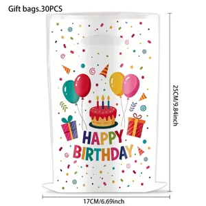 Birthday party gift bags, 30pcs plastic festive present bags with balloons and cake print.