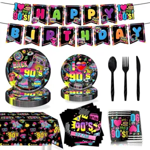 Set de decoracion de fiesta de cumpleanos tematica de los 90 con banner platos y vasos.