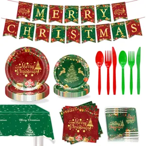 Weihnachts-Party-Geschirr-Set mit Papptellern Bechern Servietten Tischtuch Banner und Besteck.