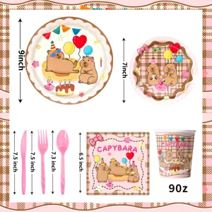 Pink plaid Capybara birthday party tableware set with cute animal paper plates cups.