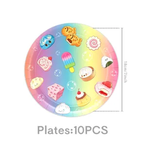 Cartoon cute food theme paper plates, 18cm/7inch rainbow disposable tableware for party 10pcs