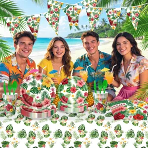 Tropical Hawaiian leaf party disposable tableware set featuring paper plates, cups, and napkins.