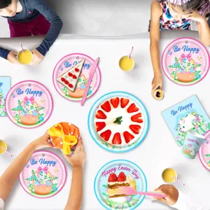 Osterparty Geschirr Set mit Hasen und Eiern Motiv, perfekt für Kinder Feste und Feiern.