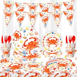Set di stoviglie usa e getta per feste a tema granchio estivo con piatti e bicchieri.
