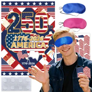 US Independence Day 250th anniversary party supplies set featuring banner, sleep masks and flags.