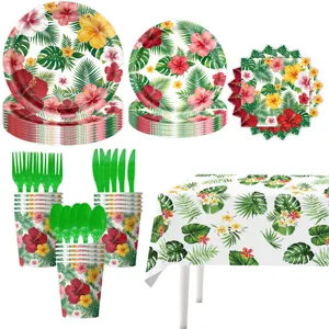 Hawaiian tropical hibiscus leaf party disposable tableware set plates and cups.