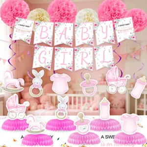 Pink Baby Girl Baptism Party Decorations Banner Honeycomb Centerpieces Paper Flower Balls Set For Baby Shower