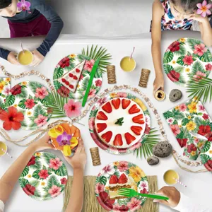 Hawaiian tropical palm leaf party disposable tableware set details with plates and cups.