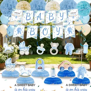 Baby shower party decoration set with blue banners, hanging swirls and honeycomb centerpieces.