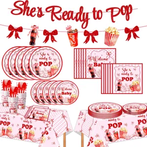 Party Geschirr Set mit Pappteller, Bechern, Servietten und Tischtuch im Cola Design.