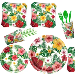 Explore the vibrant details of our tropical Hawaiian leaf and hibiscus party set.