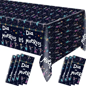 Waterproof disposable PE tablecloth featuring a colorful Day of the Dead skeleton print design.