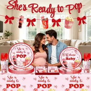 Babyparty Deko Set Pappteller Becher Servietten Tischdecke Banner rot weiss Cola Design
