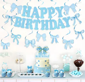 Blauwe strik verjaardag feestdecoratie set, schattige slinger, taarttopper en accessoires.