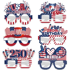 Independence Day party glasses photo props set, USA 250th anniversary celebration paper eyeglasses.