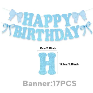 Blauwe glitter happy birthday banner feestdecoratie met strikken 17st 13x15.5cm