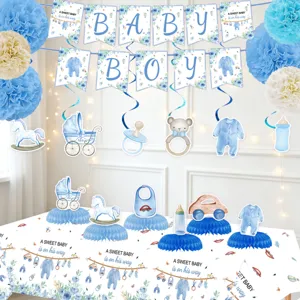 Baby shower party decoration set with banner, hanging swirls, and tablecloth for newborn.