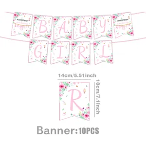 Pink Floral Baby Girl Shower Party Banner Decoration Hot Air Balloon Theme 10PCS Set