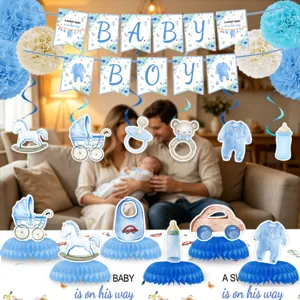 Blue baby shower party decoration set with banner, hanging swirls and honeycomb centerpieces.