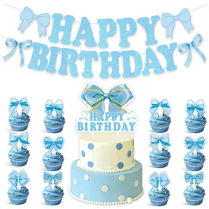 Blauwe strik verjaardag feestdecoratie set inclusief banner en cupcake toppers voor feest.