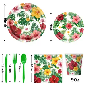 Hawaiian tropical hibiscus party tableware set including paper plates, cups and napkins.