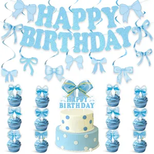 Blauwe strik verjaardag feestdecoratie set met banner slingers en taart en cupcake toppers.